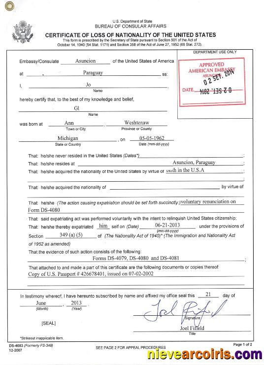 USA certificate of loss of nationality